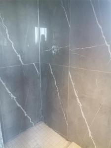 a bathroom with a shower with a person standing in the corner at Pra la Vue in Durban