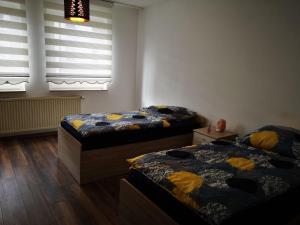 twee bedden in een kamer met twee ramen bij POLAT Apartments 3 in Essen