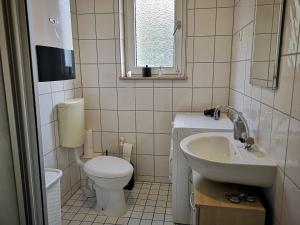 een kleine badkamer met een toilet en een wastafel bij POLAT Apartments 3 in Essen