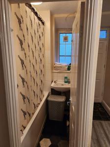 La salle de bains est pourvue d'un rideau de douche avec les dauphins. dans l'établissement 2-bedroom flat in Cutty-Sark, Greenwich !, à Londres