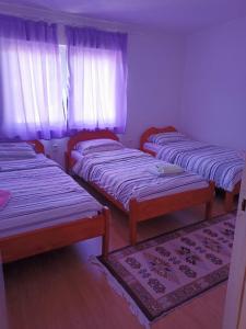 three beds in a room with a window and a rug at Rooms-Vasva and Hazim in Ćukovi