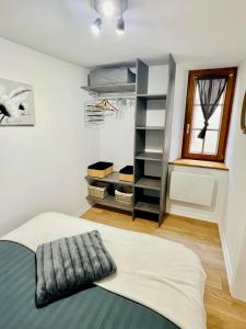 ein Schlafzimmer mit einem Bett und einem Bücherregal in der Unterkunft LA RUELLE ALSACIENNE, Charme Alsacien et Confort Moderne in Riquewihr
