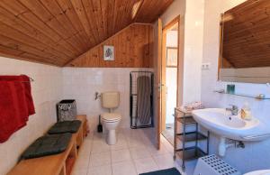 y baño con aseo, lavabo y ducha. en Garden Apartment Szolad - Balaton, en Szólád