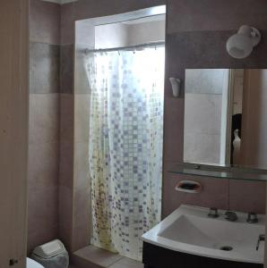 y baño con cortina de ducha y lavamanos. en Hotel Kube en Mar del Plata