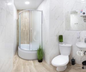 a bathroom with a shower and a toilet and a sink at New studio in the city center – Kharkivska naberezhna 3 in Kharkiv