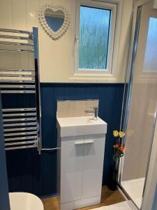 baño con lavabo blanco y ventana en Ramblers retreat, en Shrewsbury