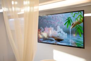 telewizor z płaskim ekranem wiszący na ścianie w obiekcie Lovina Chambre de charme avec jaccuzi w mieście Velaux