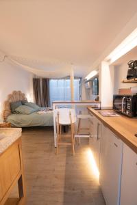 a kitchen and living room with a table and a bed at Studios avec piscine ou jaccuzi in Velaux