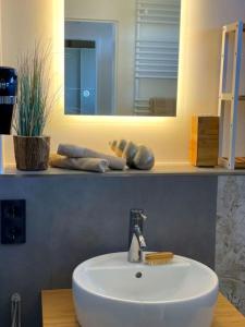 ein Badezimmer mit einem weißen Waschbecken und einem Spiegel in der Unterkunft Sandliebe in Grömitz