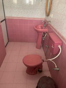 różowa łazienka z różową toaletą i umywalką w obiekcie Hotel Ocean Face, BAGA w mieście Baga