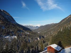 a view of a mountain valley with a cabin at Ferienwohnung Abendrot in Berwang