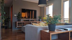 salon z kanapą i telewizorem w obiekcie Luxurious villa-apartment with spacious terrace w Pradze