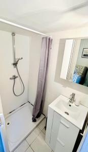 baño blanco con ducha y lavamanos en studio en Duplex en La Roquebrussanne
