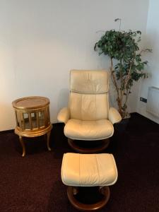 una habitación con una silla, una mesa y una planta en Kape's Loft, en Westoverledingen