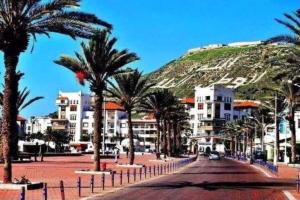 una calle con palmeras frente a una montaña en Jamilasapartment, en Agadir