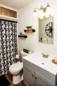 ein Badezimmer mit Toilette, Waschbecken und Spiegel in der Unterkunft Bright, Updated Waterfront Cottage Pets Welcome! in Longview