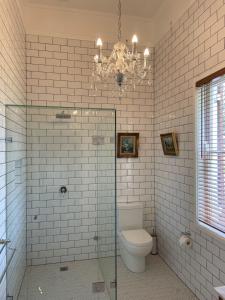 a bathroom with a toilet and a chandelier at Leconfield House in Greta