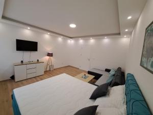 een slaapkamer met een groot bed en een flatscreen-tv bij Apartman Andrea in Sarajevo