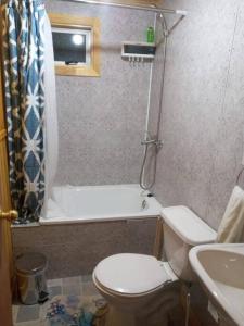 a bathroom with a toilet and a tub and a sink at Cabañas La Frontera. in Puerto Natales