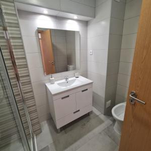 un bagno con lavandino, specchio e WC di MARIACAST CLUBE DA PRAIA DA ROCHA a Portimão