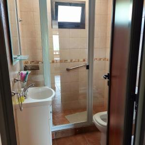 a bathroom with a shower and a sink and a toilet at La Ponderosa Cumbrecita in La Cumbrecita