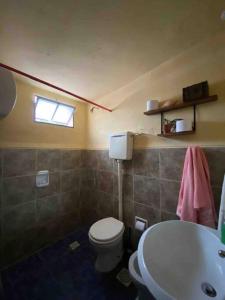 uma casa de banho com um WC, um lavatório e uma janela em Humilde espacio en el corazón de Minas em Minas