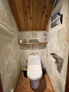 uma casa de banho com um WC numa parede de pedra em L’anthurium em Saint-Paul