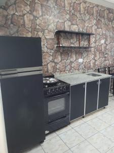 a kitchen with a stove and a stone wall at Departamento Calle Corrientes in San Miguel de Tucumán