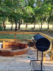 un bateau en bois assis sur une terrasse avec un grill dans l'établissement Mavidahue, à llifen