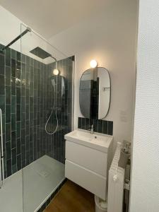 bagno con lavandino e doccia con specchio di Smart Inn Melun Centre- Appartement 2 chambres a Melun
