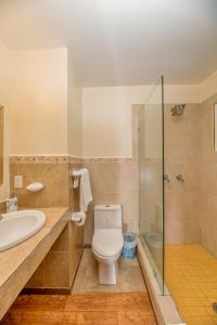 y baño con aseo, lavabo y ducha. en Exclusive Full House - 3 BDRM & 3 BATH - 3min Beach en Roatán