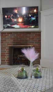 un camino con TV e un vaso di fiori su un tavolo di Family Friendly Montclair Hideaway a Montclair