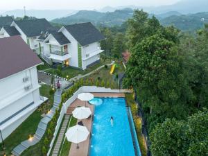 蒙納的住宿－Sprise Munnar Resort and Spa，享有带遮阳伞的度假村游泳池的空中景致