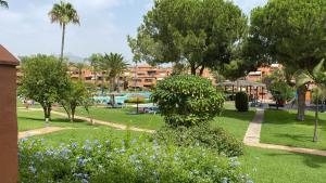 park z drzewami i hotel w tle w obiekcie Alhambra del Golf - Guadalmina w mieście Estepona