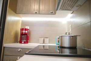 a kitchen counter with a pot on a stove at Aroura Homes Garden House 2BR 2BA Free Parking in Athens