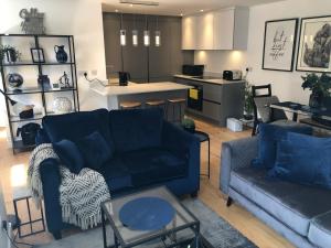 a living room with a blue couch and a kitchen at Modern luxurious house with Parking and Garden in Bath