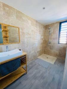 a bathroom with a sink and a shower at Villa Bois de couleur Piscine et Toit Terrasse in Saint-Pierre