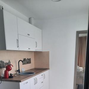 a kitchen with white cabinets and a sink at *Studio David* in Sibiu