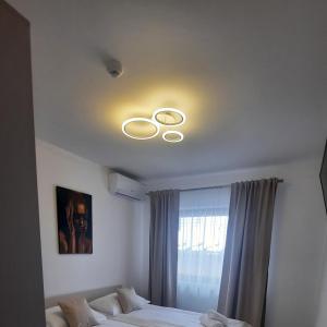 a bedroom with a ceiling with a ceiling fan at *Studio David* in Sibiu
