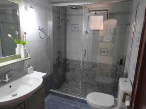 a bathroom with a shower and a toilet and a sink at Villa Aiolos in Palekastron