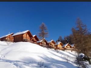德沃吕伊Chalet confortable La Joue du Loup, piscine - FR-1-504-638的一座雪覆盖的建筑,位于一座雪覆盖的山顶上