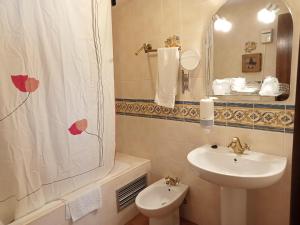 y baño con lavabo, aseo y ducha. en Hotel Villa de Berzocana, en Berzocana
