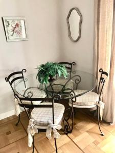 uma mesa de vidro com duas cadeiras e um vaso de plantas em Magnifique 2 pièces de 65m2 -quartier des Musiciens em Nice