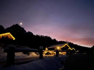 Noche de invierno con nieve en el suelo y edificios en Alpin Park Sappada Village en Sappada