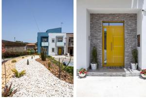 two pictures of a yellow door on a house at Blu loft in Salemi