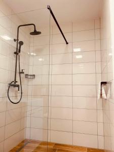 a shower with a glass door in a bathroom at V ulicke in Kežmarok