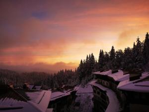 潘波洛沃的住宿－Viva 4 Apartment ski to the door complex Grand Monastery Pamporovo，冬季日落时分,有雪盖屋顶和树木