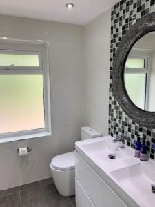 a bathroom with a toilet and a sink and a mirror at Modern 3 Bedroom Home in Coy Pond, Poole in Parkstone