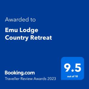 Captura de pantalla de un refugio del condado de Emmu Lodge con la textaunada a emu en Emu Lodge Country Retreat, en Lal Lal