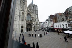 a group of people walking in front of a cathedral at Luxury Rooms in Antwerp